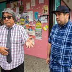 Felipe Hernandez, left, and his son Tony Hernandez speak about the impact the Light Rail plan would have on their business and the greater local community outside of their store on Tuesday, May 16, 2023 in Everett, Washington. (Olivia Vanni / The Herald)