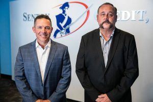 Sentry Credit, Inc. co-founders James. L. Stewart, right, and Michael Mathis, left, on Tuesday, July 25, 2023 in Everett, Washington. (Olivia Vanni / The Herald)