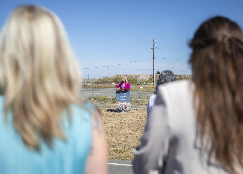 Port of Everett CEO Lisa Lefeber speaks at the Millwright Loop groundbreaking on Wednesday, Aug. 2, 2023 in Everett, Washington. (Olivia Vanni / The Herald)