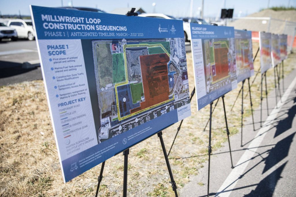 Displays show the different phases of the Millwright Loop construction on Wednesday, Aug. 2, 2023 in Everett, Washington. (Olivia Vanni / The Herald)