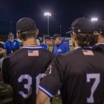Everett Merchants manager Harold Pyatte gives his final post-game talk on Friday at Funko Field in Everett. (Annie Barker / The Herald)