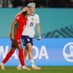 United States' Megan Rapinoe embraces Portugal's Jessica Silva, left, following the Women's World Cup Group E soccer match between Portugal and the United States at Eden Park in Auckland, New Zealand, Tuesday, Aug. 1, 2023. (AP Photo/Abbie Parr)
