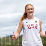 Mukilteos Kim Beard poses after setting a new national mark in the girls 15-16 hammer throw at the USATF National Junior Olympic Championships, which took place July 24-30 in Eugene, Oregon. (Crash Cameron / DyeStat)