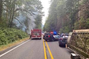 First responders on the scene of a collision along U.S. Route 2 on Saturday, August 5, 2023 east of Baring, Washington. (Photo provided by Washington State Trooper Kelsey Harding)