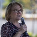 Lynnwood Mayor Christine Frizzell speaks during a ribbon cutting ceremony to celebrate the completion of the 196th Street SW Improvement Project near the 196th and 44th Ave West intersection in Lynnwood, Washington on Tuesday, Aug. 15, 2023. (Annie Barker / The Herald)