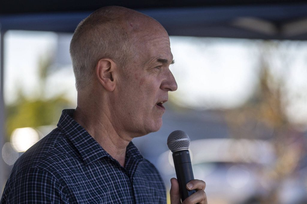 U.S. Rep. Rick Larsen speaks during a ribbon cutting ceremony to celebrate the completion of the 196th Street SW Improvement Project near the 196th and 44th Ave West intersection in Lynnwood, Washington on Tuesday, Aug. 15, 2023. (Annie Barker / The Herald)