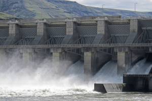 FILE - In this April 11, 2018, file photo, water moves through a spillway of the Lower Granite Dam on the Snake River near Almota, Wash. Some Republican members of Congress from the Northwest are accusing a GOP Idaho lawmaker of conducting secret negotiations with the Democratic governor of Oregon over a controversial proposal to breach four dams on the Snake River to save endangered salmon runs. (AP Photo/Nicholas K. Geranios, File)