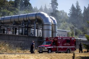 A fire at the Brightwater Treatment Plant in Woodinville, Washington on Tuesday, Aug. 15, 2023. (Annie Barker / The Herald)