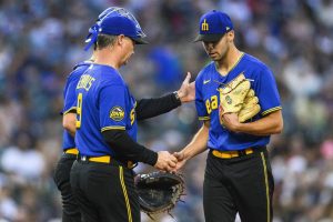 Seattle Mariners manager Scott Servais pulls relief pitcher Matt Brash during the fifth inning of the team's baseball game against the Tampa Bay Rays, Friday, June 30, 2023, in Seattle. (AP Photo/Caean Couto)