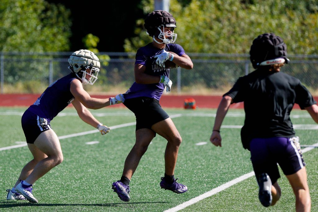 The Lake Stevens special teams do kickoff and return drills during the Vikings first practice of the year Wednesday, August 16, 2023, in Lake Stevens, Washington. (Ryan Berry / The Herald)