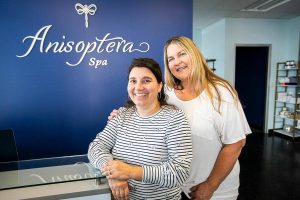 Anisoptera Spa director Sarah Stancik, left, and owner Elizabeth Brooks, right, at their temporary location at the Port of Everett on Tuesday, Aug. 22, 2023 in Everett, Washington. (Olivia Vanni / The Herald)