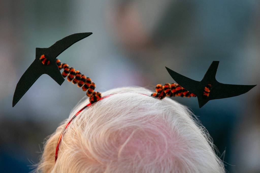 A man wears two swifts on his head during the Pilchuck Audubon Societys Swift Night Out on Saturday, August 19, 2023, at Frank Wagner Elementary School in Monroe, Washington. (Ryan Berry / The Herald)