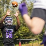 Kamiaks TAndre Waverly catches a pass for a portrait during football practice on Thursday, Aug. 24, 2023 in Mukilteo, Washington. (Olivia Vanni / The Herald)