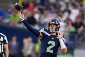 Seattle Seahawks quarterback Drew Lock passes against the Dallas Cowboys during the first half of a preseason NFL football game Saturday, Aug. 19, 2023, in Seattle. (AP Photo/Stephen Brashear)