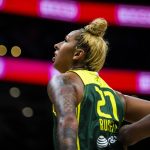 Seattle Storms Mercedes Russell watches a free-throw shot during the game against the Chicago Sky at Climate Pledge Arena on Sunday, Aug. 27, 2023 in Seattle, Washington. (Olivia Vanni / The Herald)