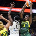 Seattle Storms Ezi Magbegor leaps up to make a rebound during the game against the Chicago Sky at Climate Pledge Arena on Sunday, Aug. 27, 2023 in Seattle, Washington. (Olivia Vanni / The Herald)