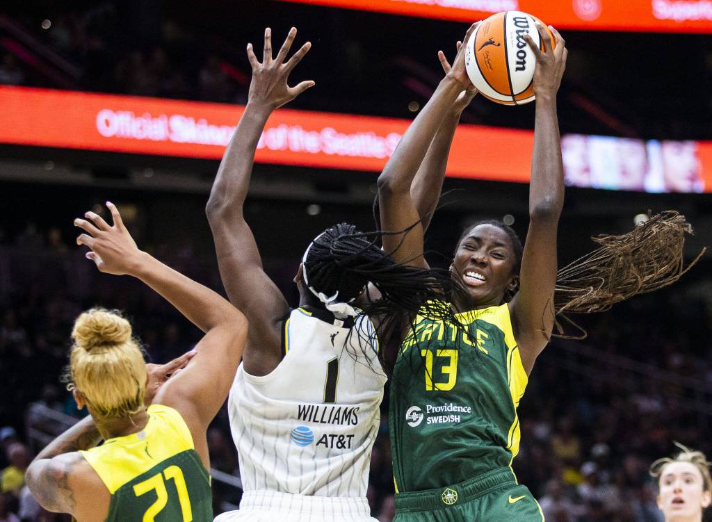 Seattle Storms Ezi Magbegor leaps up to make a rebound during the game against the Chicago Sky at Climate Pledge Arena on Sunday, Aug. 27, 2023 in Seattle, Washington. (Olivia Vanni / The Herald)