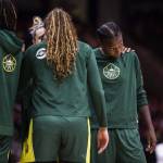 Seattle Storms Jewell Loyd reacts to something being said in the huddle before the start of the second have of the game against the Chicago Sky at Climate Pledge Arena on Sunday, Aug. 27, 2023 in Seattle, Washington. (Olivia Vanni / The Herald)