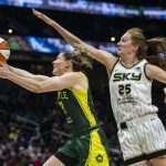 Seattle Storms Sami Whitcomb beats Chicago Skys Morgan Bertsch to the hoop to make a layup during the game at Climate Pledge Arena on Sunday, Aug. 27, 2023 in Seattle, Washington. (Olivia Vanni / The Herald)