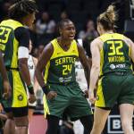 Seattle Storms Jewell Loyd celebrates teammate Sami Whitcomb three-point shot during the game against the Chicago Sky at Climate Pledge Arena on Sunday, Aug. 27, 2023 in Seattle, Washington. (Olivia Vanni / The Herald)