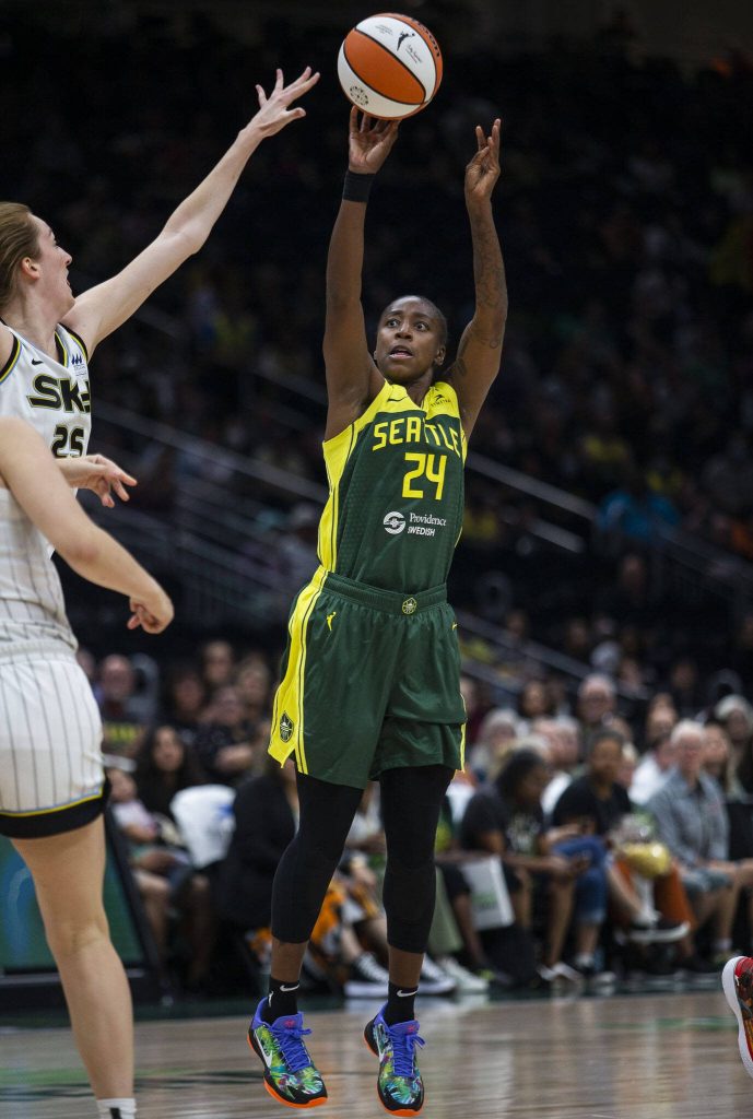 Seattle Storms Jewell Loyd attempts a three-point shot during the game against the Chicago Sky at Climate Pledge Arena on Sunday, Aug. 27, 2023 in Seattle, Washington. (Olivia Vanni / The Herald)