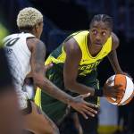 Seattle Storms Jewell Loyd calls a play during the game against the Chicago Sky at Climate Pledge Arena on Sunday, Aug. 27, 2023 in Seattle, Washington. (Olivia Vanni / The Herald)