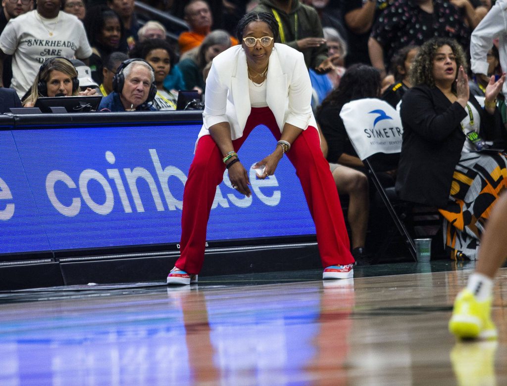 Seattle Storm head coach Noelle Quinn watches her team in the final seconds of the game against the Chicago Sky at Climate Pledge Arena on Sunday, Aug. 27, 2023 in Seattle, Washington. (Olivia Vanni / The Herald)
