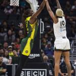 Seattle Storms Ezi Magbegor blocks a shot by Chicago Skys Courtney Williams during the game at Climate Pledge Arena on Sunday, Aug. 27, 2023 in Seattle, Washington. (Olivia Vanni / The Herald)