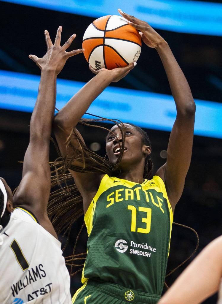Seattle Storms Ezi Magbegor attempts a jump shot during the game against the Chicago Sky at Climate Pledge Arena on Sunday, Aug. 27, 2023 in Seattle, Washington. (Olivia Vanni / The Herald)