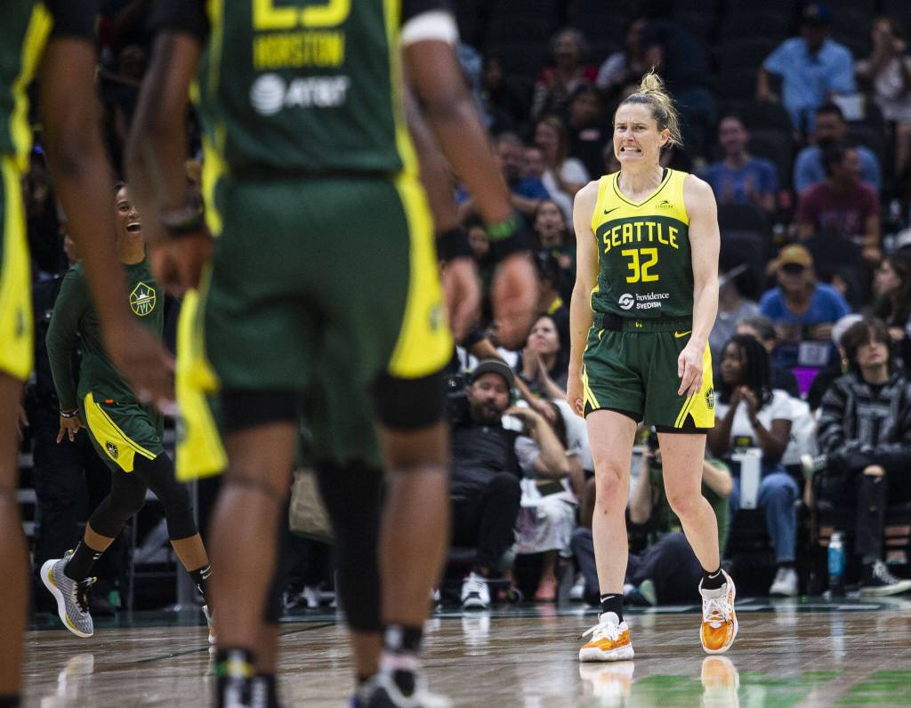 Seattle Storms Jewell Loyd reacts to a shot during the game against the Chicago Sky at Climate Pledge Arena on Sunday, Aug. 27, 2023 in Seattle, Washington. (Olivia Vanni / The Herald)