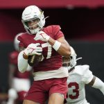 Cardinals wide receiver Daniel Arias makes a catch in front of cornerback Antonio Hamilton during a training camp practice on July 29 at State Farm Stadium in Glendale, Ariz. (AP Photo/Ross D. Franklin)