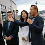 Restauranteur Jack Ng, right, alongside his wife and co-owner Jin Ma and Fisherman Jacks new managers, speaks to a gathering during the restaurants opening celebration at the Port of Everett on Wednesday, August 30, 2023, in Everett, Washington. (Ryan Berry / The Herald)