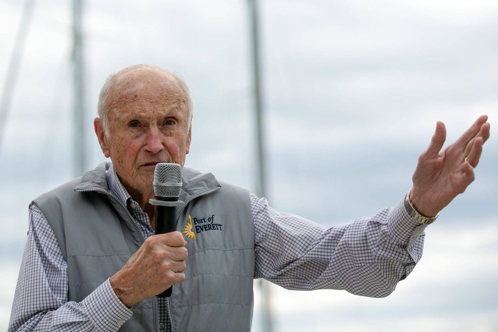 Tom Stiger, commissioner for District 2 at the Port of Everett, gives a brief address during the opening of Fisherman Jacks on Wednesday, August 30, 2023, in Everett, Washington. (Ryan Berry / The Herald)