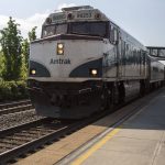 An Amtrak Cascades train at the Everett Station train platform. (Annie Barker / The Herald)