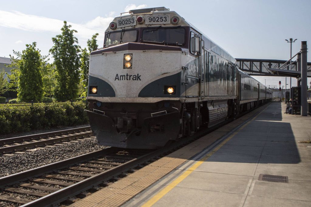 An Amtrak Cascades train at the Everett Station train platform. (Annie Barker / The Herald)