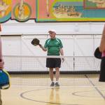 Roger BelAir teaches a beginners pickleball clinic at the Frances Anderson Center in Edmonds. (Olivia Vanni / The Herald)