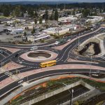 Traffic moves around one of Lake Stevens new roundabouts at the intersection of SR-204 and Highway 9 on Wednesday, Aug. 23, 2023 in Lake Stevens, Washington. (Olivia Vanni / The Herald)