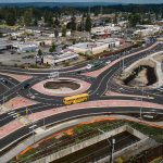 Traffic moves around one of Lake Stevens new roundabouts at the intersection of Highway 204 and Highway 9 on Wednesday, Aug. 23, 2023, in Lake Stevens, Washington. (Olivia Vanni / The Herald)