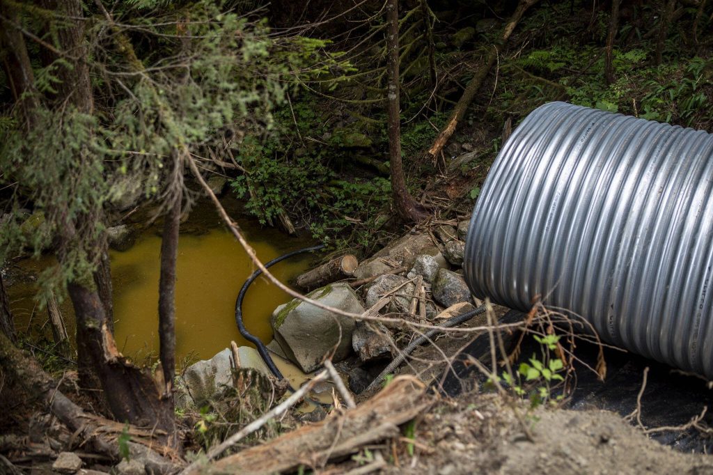 A culvert is installed on Forest Service Road 4020 up to Boardman Lake near Granite Falls, Washington on Monday, Aug. 28, 2023. (Annie Barker / The Herald)