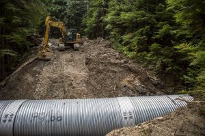 A culvert is installed on Forest Service Road 4020 up to Boardman Lake near Granite Falls, Washington on Monday, Aug. 28, 2023. (Annie Barker / The Herald)