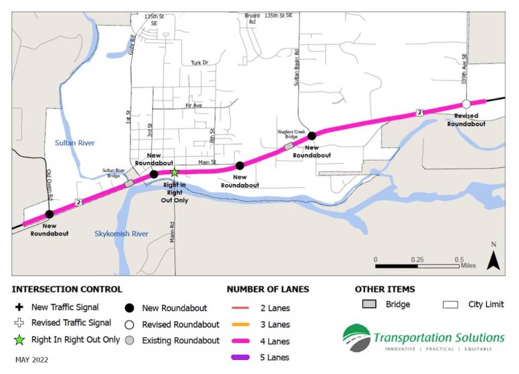 One of the four alternatives from the US2 Corridor Feasibility Study which attempts to address traffic congestion on the highway. (Map provided by The City of Sultan)