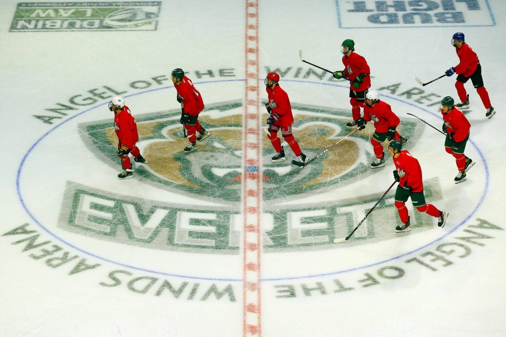 Silvertips players skate across the ice during the first day of training camp on Thursday, August 31, 2023, at Angel of the Winds Arena in Everett, Washington. (Ryan Berry / The Herald)