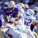 Washington running back Dillon Johnson carries for a touchdown against Boise State during the second half of an NCAA college football game Saturday, Sept. 2, 2023, in Seattle. (AP Photo/Lindsey Wasson)
