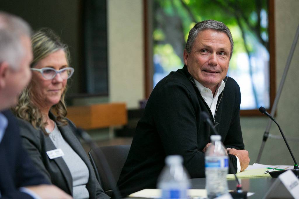 Duane Leonard, executive director of the Housing Authority of Snohomish County, speaks during the Everett Heralds public forum on affordable housing at the Lynnwood Library on Thursday, Sept. 14, 2023, in Lynnwood, Washington. (Ryan Berry / The Herald)