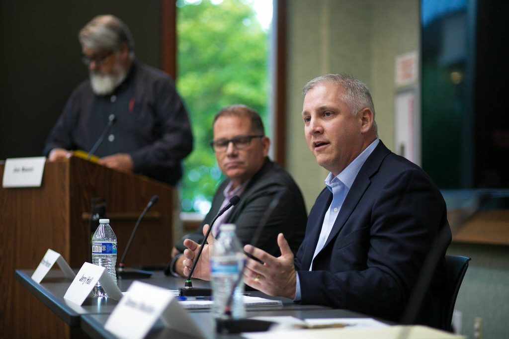 Jerry Hall, executive director of the Master Builders Association of Snohomish and King Counties, speaks during the Everett Heralds public forum on affordable housing at the Lynnwood Library on Thursday, Sept. 14, 2023, in Lynnwood, Washington. (Ryan Berry / The Herald)