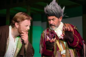 Nick_Nostradamus: Nostradamus (right, played by Michael G McFadden) predicts the future of theatre for Nick Bottom (Jordan Mielbrecht) in “Something Rotten!” at Red Curtain Community Arts Center in Marysville Sept. 8-24.  (Kenny Randall)
