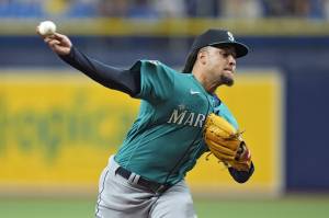 Mariners starting pitcher Luis Castillo delivers to the Rays during the first inning of a game Thursday in St. Petersburg, Fla. (AP Photo/Chris OMeara)
