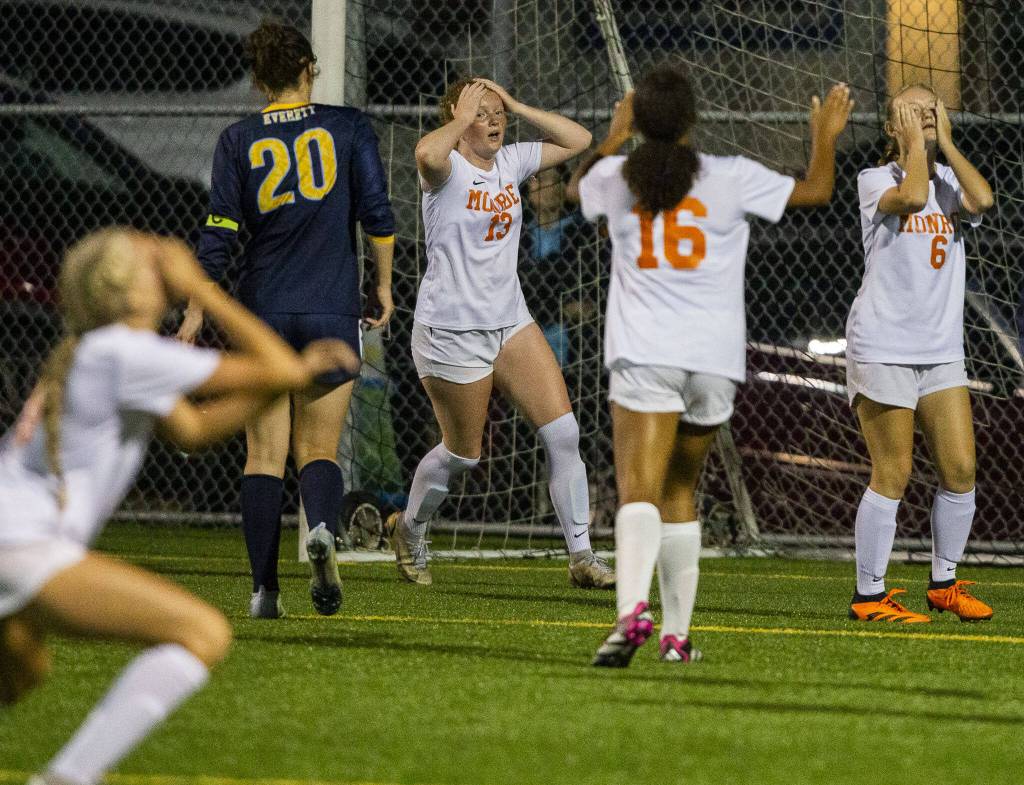 Monroe players reacts to a missed shot during the game against Everett on Thursday, Sept. 7, 2023 in Everett, Washington. (Olivia Vanni / The Herald)