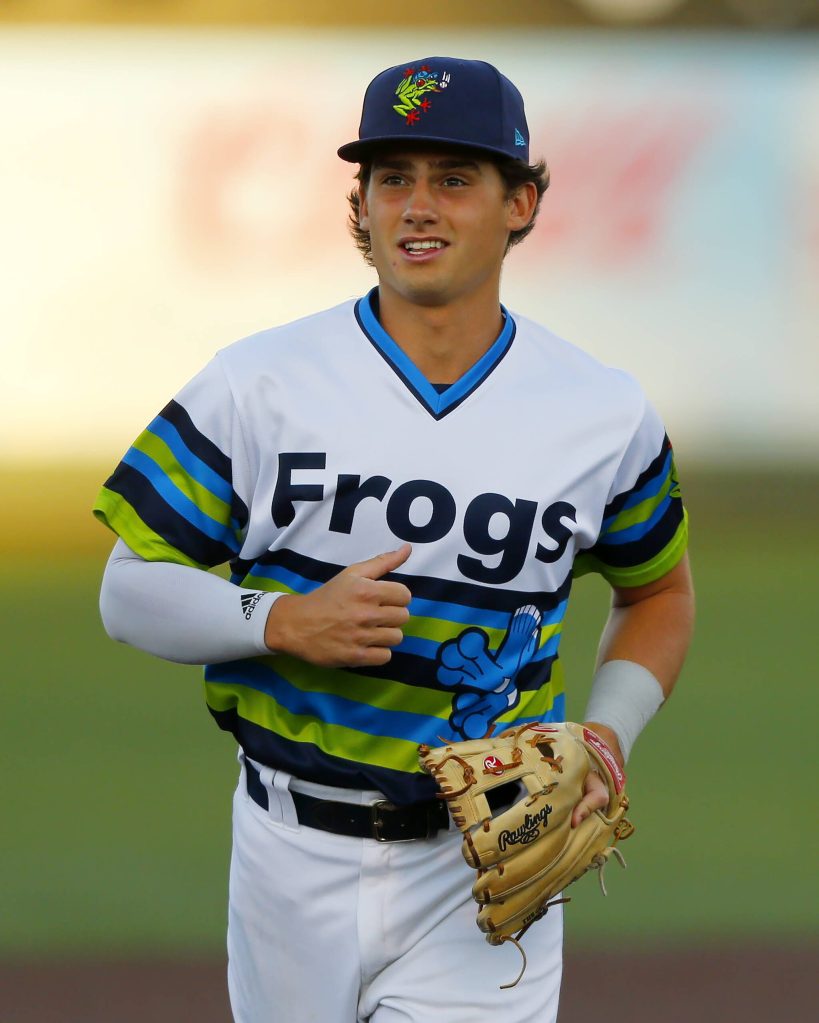 Ryan Berry / The Herald
AquaSox shortstop Cole Young heads off the field after the top of the third inning during a game against Hillsboro on August 17 at Funko Field in Everett.