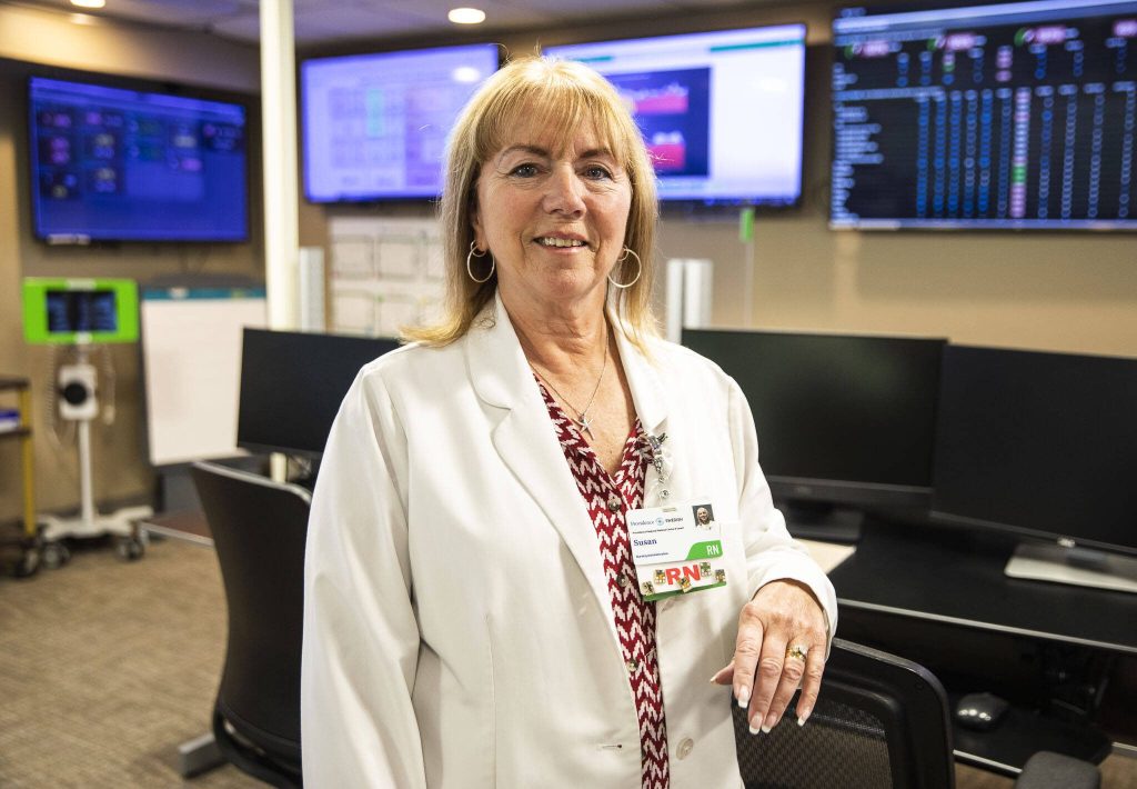 Nursing Administration Supervisor Susan Williams inside one of the monitoring rooms at Providence Regional Medical Center on Friday, Sept. 22, 2023 in Everett, Washington. (Olivia Vanni / The Herald)